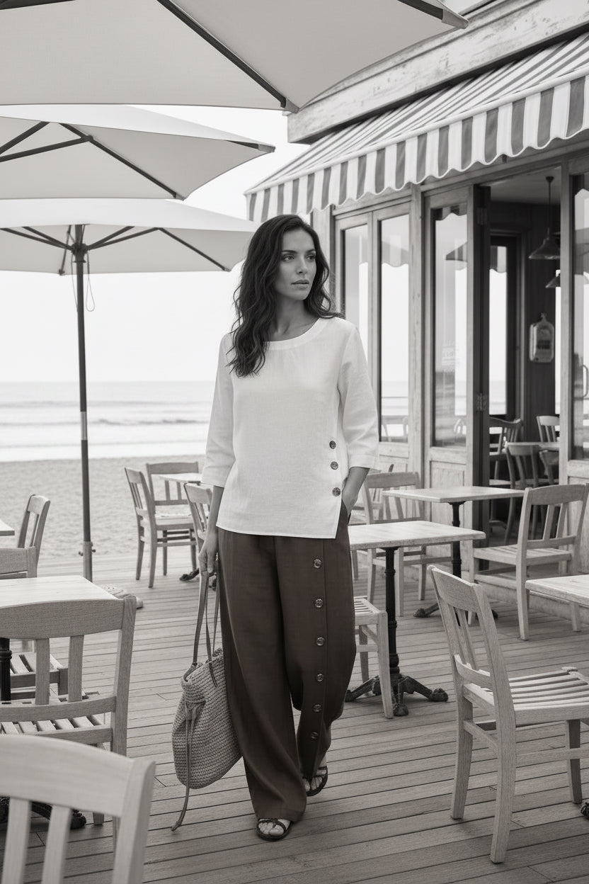 100% Linen Buttoned Slit-Hem Pants KATYA