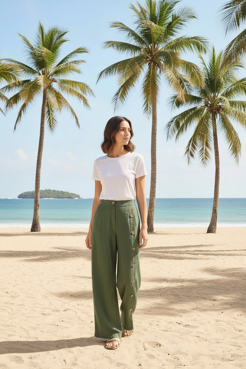 100% Linen Buttoned Slit-Hem Pants KATYA