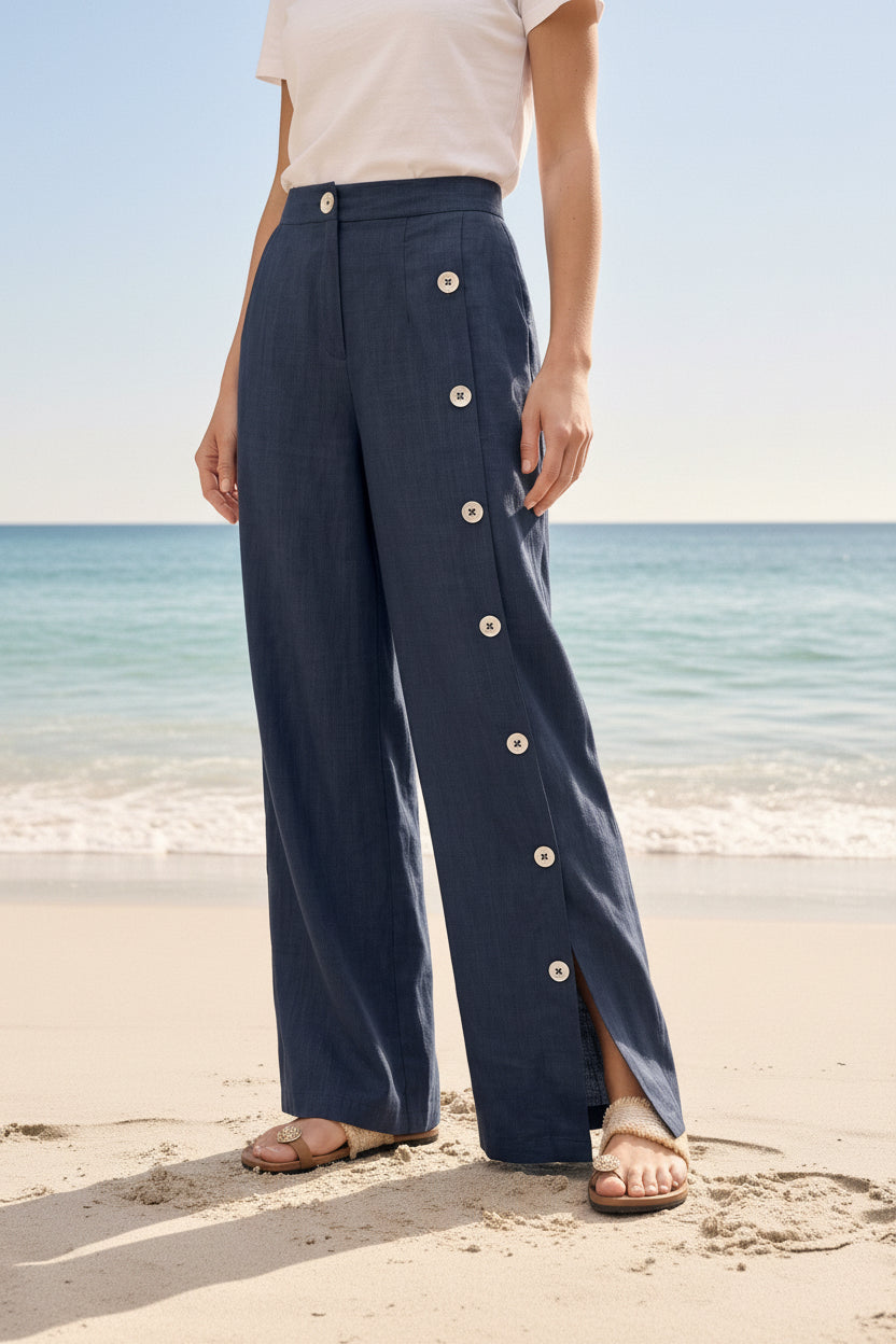 100% Linen Buttoned Slit-Hem Pants KATYA