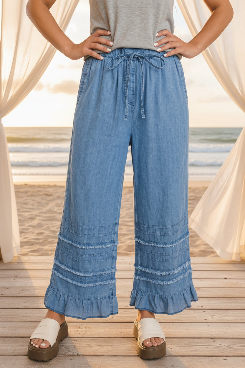Denim Chambray Ruffle Hem Wide Leg Pants